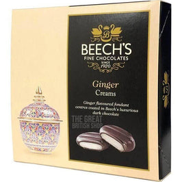 Beech's Dark Chocolate Ginger Creams 90g: front of the box showing two chocolates and an ornate pot.