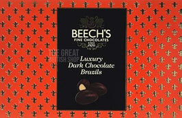 Beech's Luxury Dark Chocolate Brazils 145g: front of the red patterned box showing chocolate Brazils.