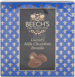 Beech's Luxury Milk Chocolate Brazils 145g: front of the blue patterned box showing chocolates.