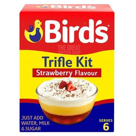 Bird's Trifle Kit Strawberry Flavour 141g: front of the box showing a bowl of trifle with cream.