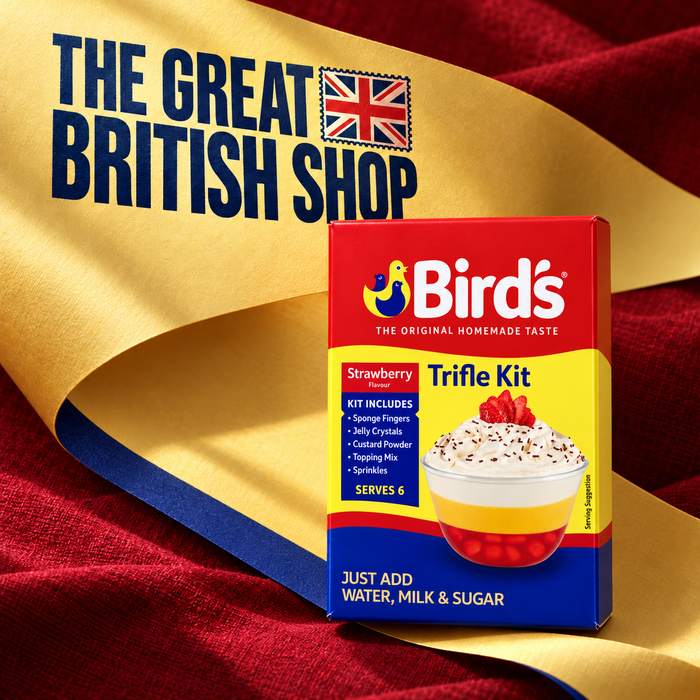 Bird’s Strawberry Trifle Kit, 141g, with The Great British Shop name pressed into custard-yellow paper over crimson linen.
