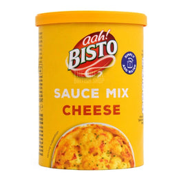 Bisto Cheese Sauce Mix 185g: yellow tub with lid, showing serving suggestion photo on front.