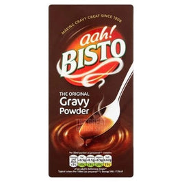 Bisto Gravy Powder 454g, front of the box showing spoon with gravy and nutrition table
