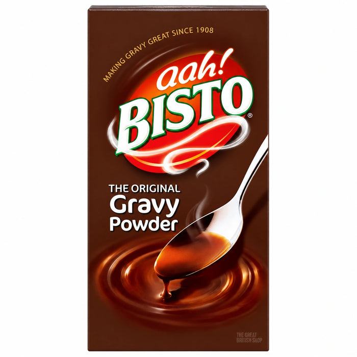 Bisto Gravy Powder 454g, brown carton with a red Bisto logo and gravy-filled spoon illustration.