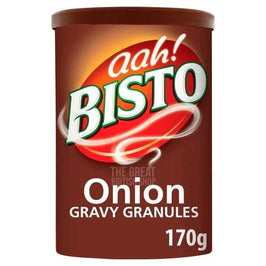 Bisto Onion Gravy Granules 170g, front of the brown tub showing the red logo.