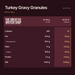 The Great British Shop nutrition summary for Turkey Gravy Granules — BISTO / 190 g. Per 100 g As sold; Per 50 ml Prepared.