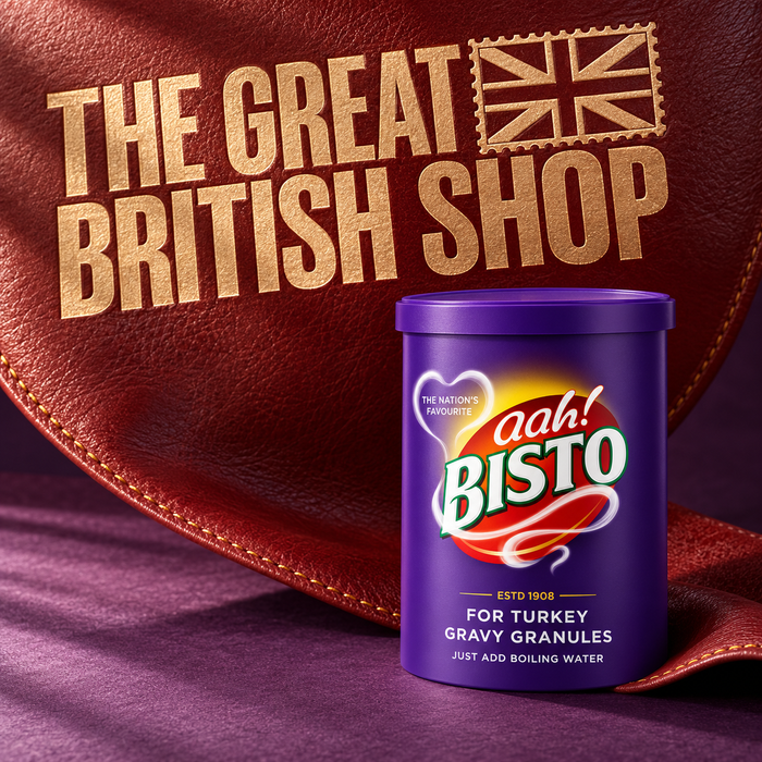 Bisto For Turkey Gravy Granules 190g caddy on plum cotton paper with a sculptural oxblood leather sweep, with The Great British Shop branding pressed into the main leather surface.
