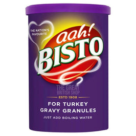 Bisto For Turkey Gravy Granules 190g, front of the purple tub with lid shown.