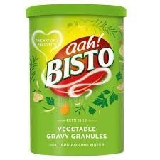 Bisto Vegetable Gravy Granules 190g, front of the green tub showing the lid and label.