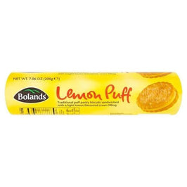 Bolands Lemon Puff 200g: yellow wrapper showing the biscuit pack with sandwich biscuits pictured.