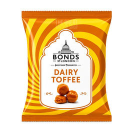 Bonds Dairy Toffee 120g: front of the orange and yellow striped bag with toffee pieces pictured.