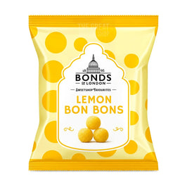 Bonds of London Lemon Bon Bons 150g: front of the yellow spotted pack with three sweets shown.