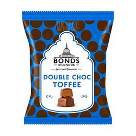 Bonds of London Double Choc Toffee 100g: front of the blue spotted pack with toffee pieces shown.