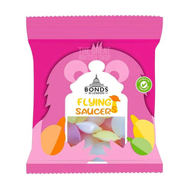 Bonds of London Flying Saucers 12g: pink pack front showing sweets through clear window.