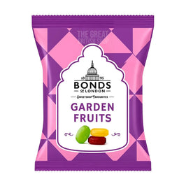Bonds of London Garden Fruits 120g: front of the purple and pink pack with sweets pictured.