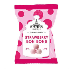 Bonds Strawberry Bon Bons 150g: front of the pink polka dot pack with three sweets shown.