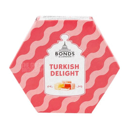 Bonds of London Turkish Delight 215g: front of the hexagonal box with pink wavy design.