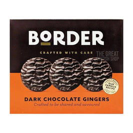 Border Dark Chocolate Gingers 255g: front of the box showing three biscuits pictured.