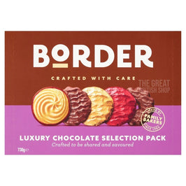 Border Luxury Chocolate Selection Pack 730g, front of the box showing five biscuits.