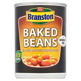 Branston Baked Beans 410g, front of the tin showing beans in tomato sauce label.