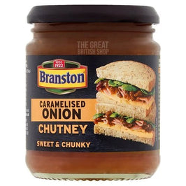 Branston Caramelised Onion Chutney 290g, jar with black lid showing a sandwich on the label.