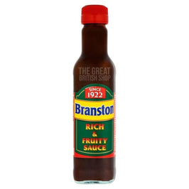 Branston Rich & Fruity Sauce 245g: glass bottle with red cap and green label.