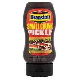 Branston Small Chunk Pickle 350g: the squeezy bottle showing label and serving suggestion image.