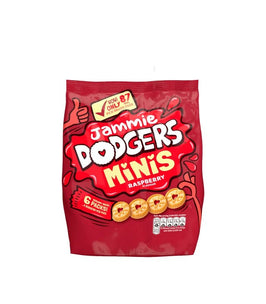 Jammie Dodgers Minis Raspberry Flavour 120g, front of the red multipack bag showing biscuits.