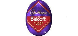 Cadbury Biscoff Egg 32g: purple foil-wrapped egg showing the Cadbury and Biscoff logos on front.