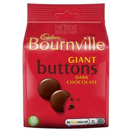 Cadbury Bournville Giant Buttons 95g: front of red bag showing dark chocolate buttons