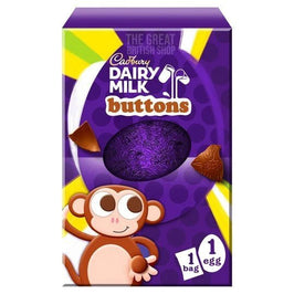Cadbury Buttons Medium Egg 128g: front of the box showing the foil wrapped egg and monkey design.