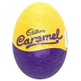 Cadbury Caramel Egg 40g, egg shaped chocolate wrapped in yellow and purple foil.