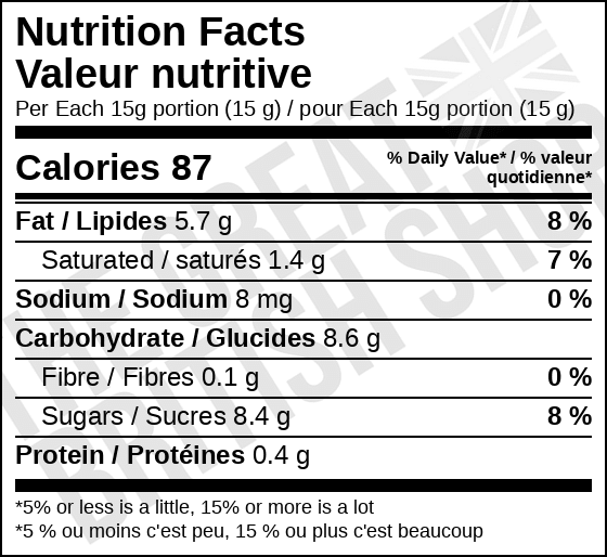 Cadbury Caramel Spread - 400g nutrition facts label / valeur nutritive