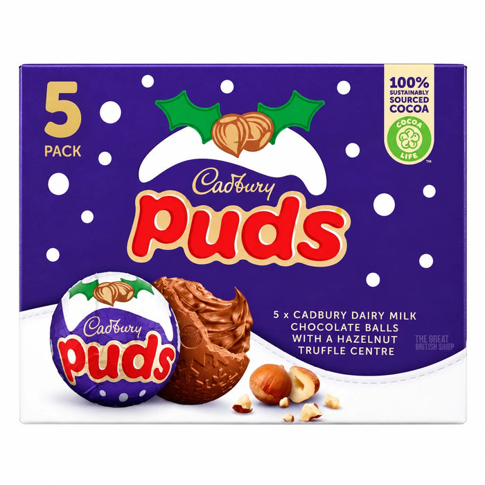 Cadbury Christmas Puds 5 Pack 175g: purple box front showing wrapped chocolate ball and hazelnuts.