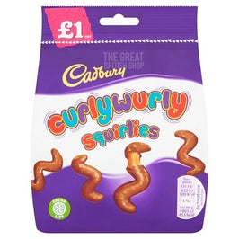 Cadbury Curly Wurly Squirlies 85g: front of the purple bag showing the curly chocolate pieces.