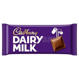 Cadbury Dairy Milk 180g: front of the purple wrapper with a chocolate chunk image.