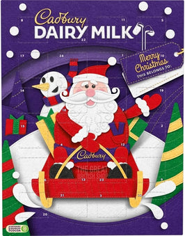 Cadbury Dairy Milk Advent Calendar 90g: front of the box showing Santa on a sledge with a snowman.