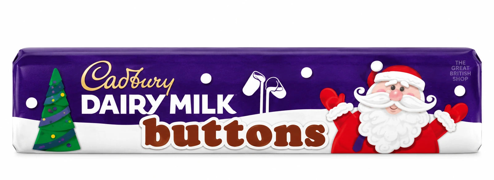 Cadbury Dairy Milk Buttons Tube 72g, front of the tube with Santa and tree design