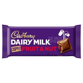 Cadbury Dairy Milk Fruit and Nut 95g: front of the purple wrapper with a chocolate chunk image.