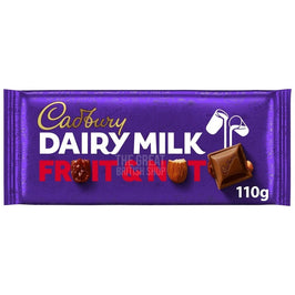 Cadbury Dairy Milk Fruit & Nut 110g: front of the purple wrapper with raisin, almond and chocolate chunk.