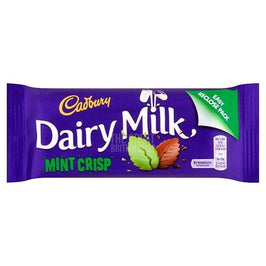Cadbury Dairy Milk Mint Crisp 54g: front of the purple wrapper with leaf graphics shown.