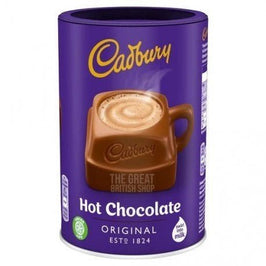 Cadbury Drinking Chocolate 500g: front of the purple tub with a mug of hot chocolate.