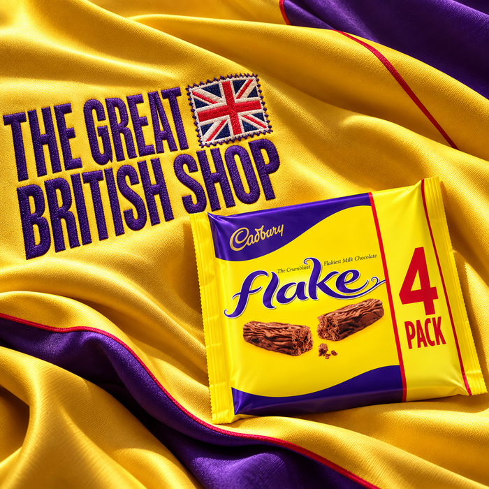 Cadbury Flake four-pack nestled in yellow silk embroidered with The Great British Shop and edged in violet and crimson.
