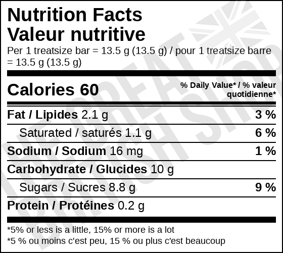 Cadbury Fudge - 15 Pack nutrition facts label / valeur nutritive