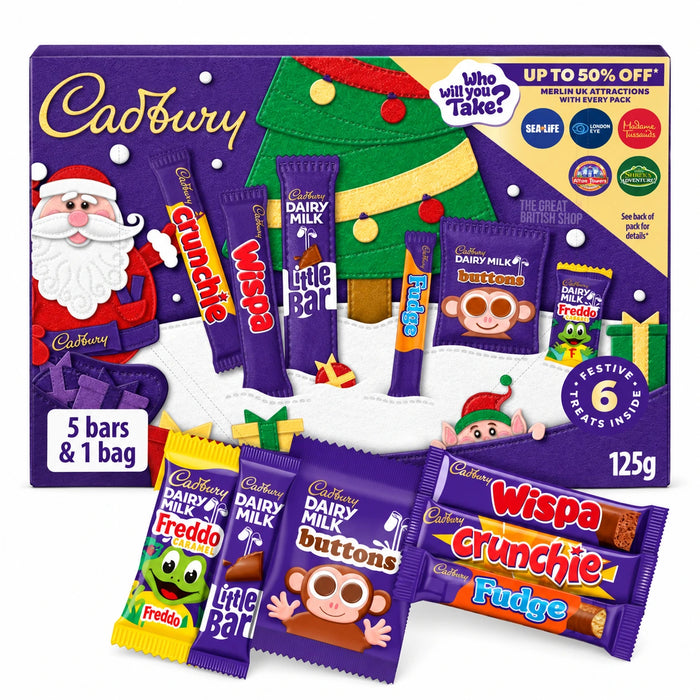 Cadbury Medium Santa Selection Box 125g, UK festive carton with the six original chocolate packs shown in front