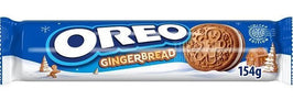 Oreo Gingerbread 154g, front of the pack showing a stacked biscuit and snowy winter design
