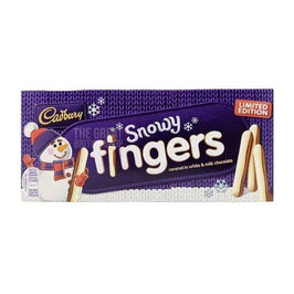 Cadbury Snowy Fingers 115g: front of the box showing a snowman and biscuit fingers.