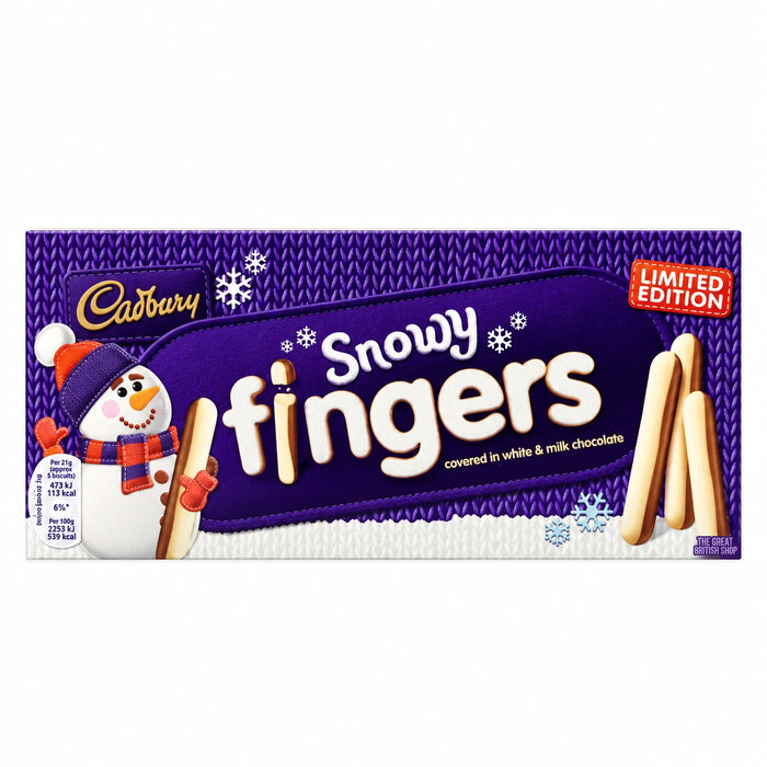 Cadbury Snowy Fingers 115g: front of the box showing a snowman and biscuit fingers.