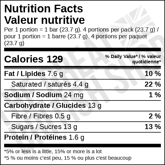 Cadbury Wispa 4 Pack - 94.8g nutrition facts label / valeur nutritive