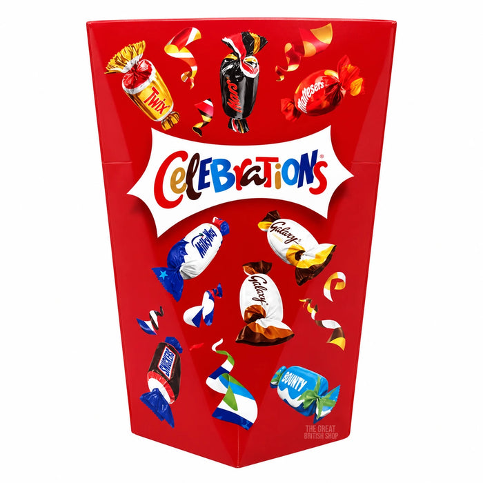 Celebrations Small Carton 185g: front of the red carton showing assorted wrapped chocolates.